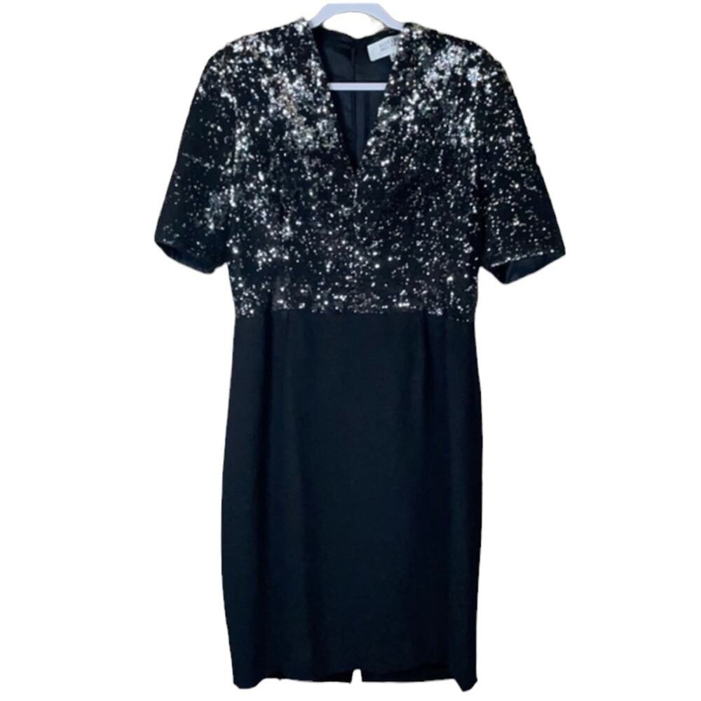 Badgley Mischka Black Sequin Shift Dress V-Neck Short Sleeve Size 12